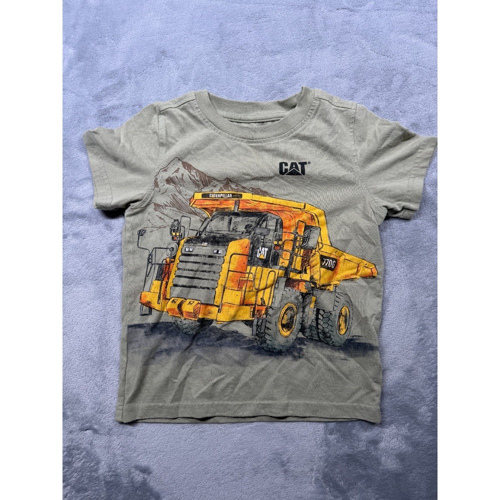 Cat T-Shirt Toddler Boys 4 Olive Green Caterpillar Dump Truck Graphic Crew Neck